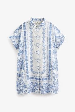Next White/Blue Longline Short Sleeve Beach Shirt -Fashion Women T25076s7