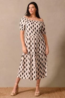 Live Unlimited Black Curve Diamond Print Maxi Tiered Bardot Dress