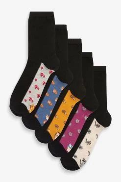 Next Black Woodland Animal Footbed Ankle Socks 5 Pack