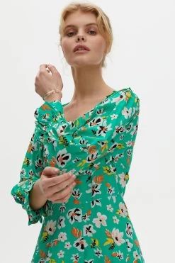 Oliver Bonas Green Scoop Frill Neck Midi Dress -Fashion Women T89889s3