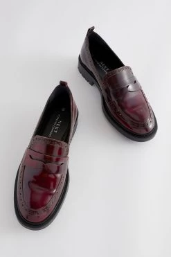 Next Berry Red Forever Comfort® Leather Brogue Detail Chunky Loafer Shoes -Fashion Women T97078s4