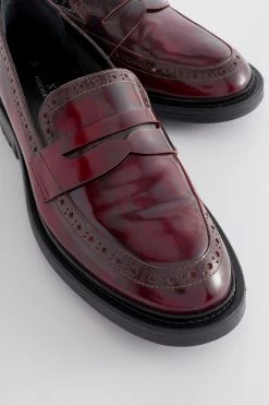 Next Berry Red Forever Comfort® Leather Brogue Detail Chunky Loafer Shoes -Fashion Women T97078s5