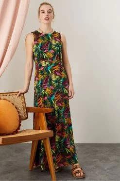 Monsoon Green Cut-Out Back Palm Jersey Dress