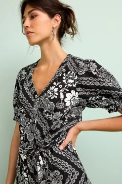 Next Linen Blend Button Down Printed Midi Dress -Fashion Women U35318s5