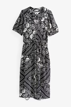 Next Linen Blend Button Down Printed Midi Dress -Fashion Women U35318s6