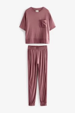 Next Berry Purple Jersey Pyjamas With Satin Trims -Fashion Women U62395s