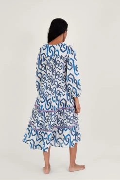 Monsoon Blue Geometric Print Kaftan Dress In Sustainable Cotton -Fashion Women U82151s2