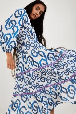 Monsoon Blue Geometric Print Kaftan Dress In Sustainable Cotton -Fashion Women U82151s3