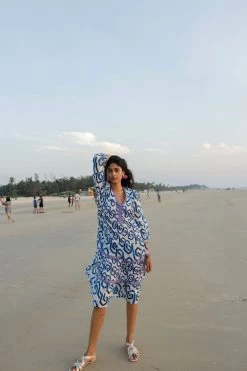 Monsoon Blue Geometric Print Kaftan Dress In Sustainable Cotton -Fashion Women U82151s4