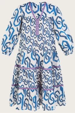 Monsoon Blue Geometric Print Kaftan Dress In Sustainable Cotton -Fashion Women U82151s8
