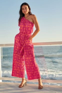 Next Pink/Orange One Shoulder Plisse Jumpsuit