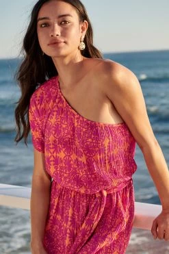 Next Pink/Orange One Shoulder Plisse Jumpsuit -Fashion Women U85 379s4