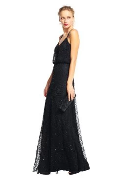 Adrianna Papell Black Blouson Beaded Dress -Fashion Women U93269s3