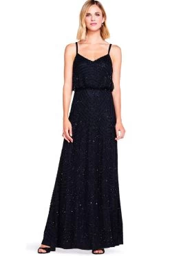 Adrianna Papell Black Blouson Beaded Dress -Fashion Women U93269s4