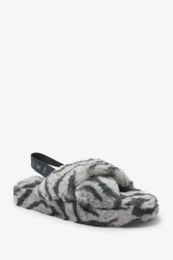 Next Grey Zebra Faux Fur Crossover Slider Slippers -Fashion Women U99652s3