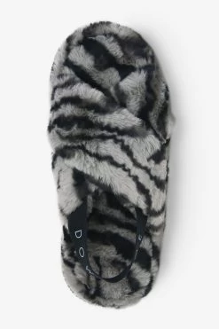 Next Grey Zebra Faux Fur Crossover Slider Slippers -Fashion Women U99652s4